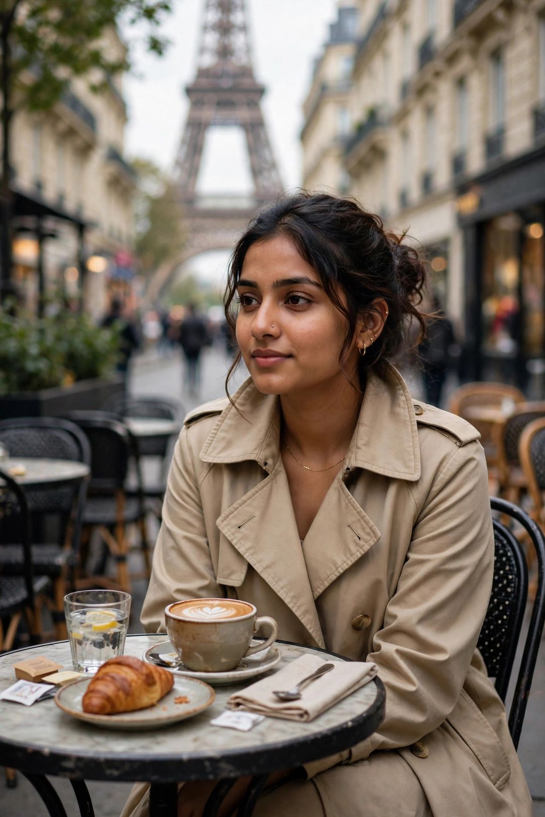 Girl Paris cafe Eiffel Tower look photo editing prompt