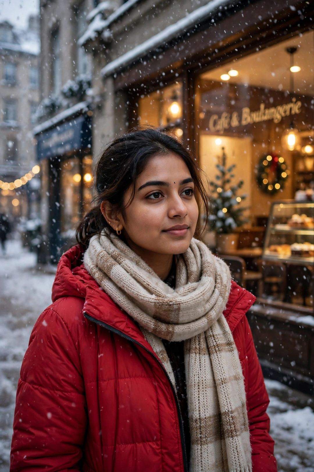 Girl snowfall winter coat look AI photo edit