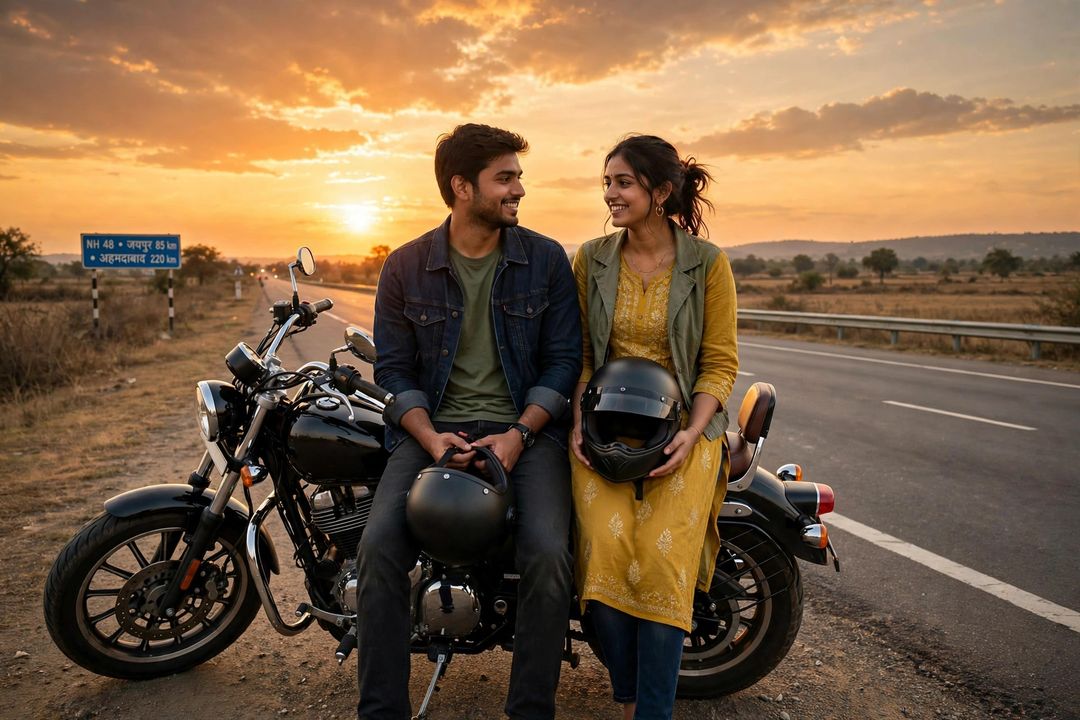 Couple highway bike ride look photo editing prompt