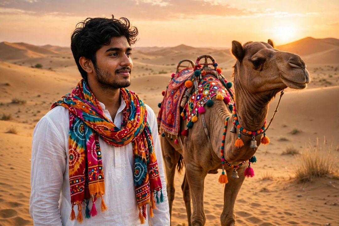 Boy Thar desert camel sunset look Gemini prompt