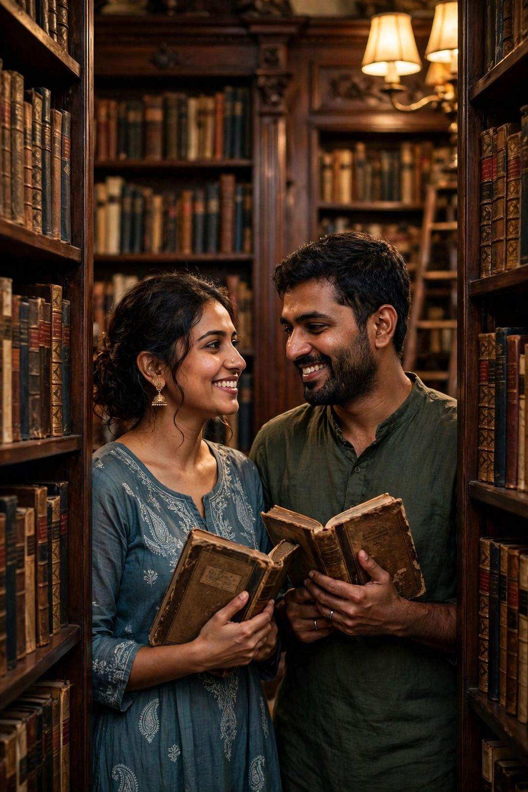 Couple old library romance look Gemini photo editing prompt