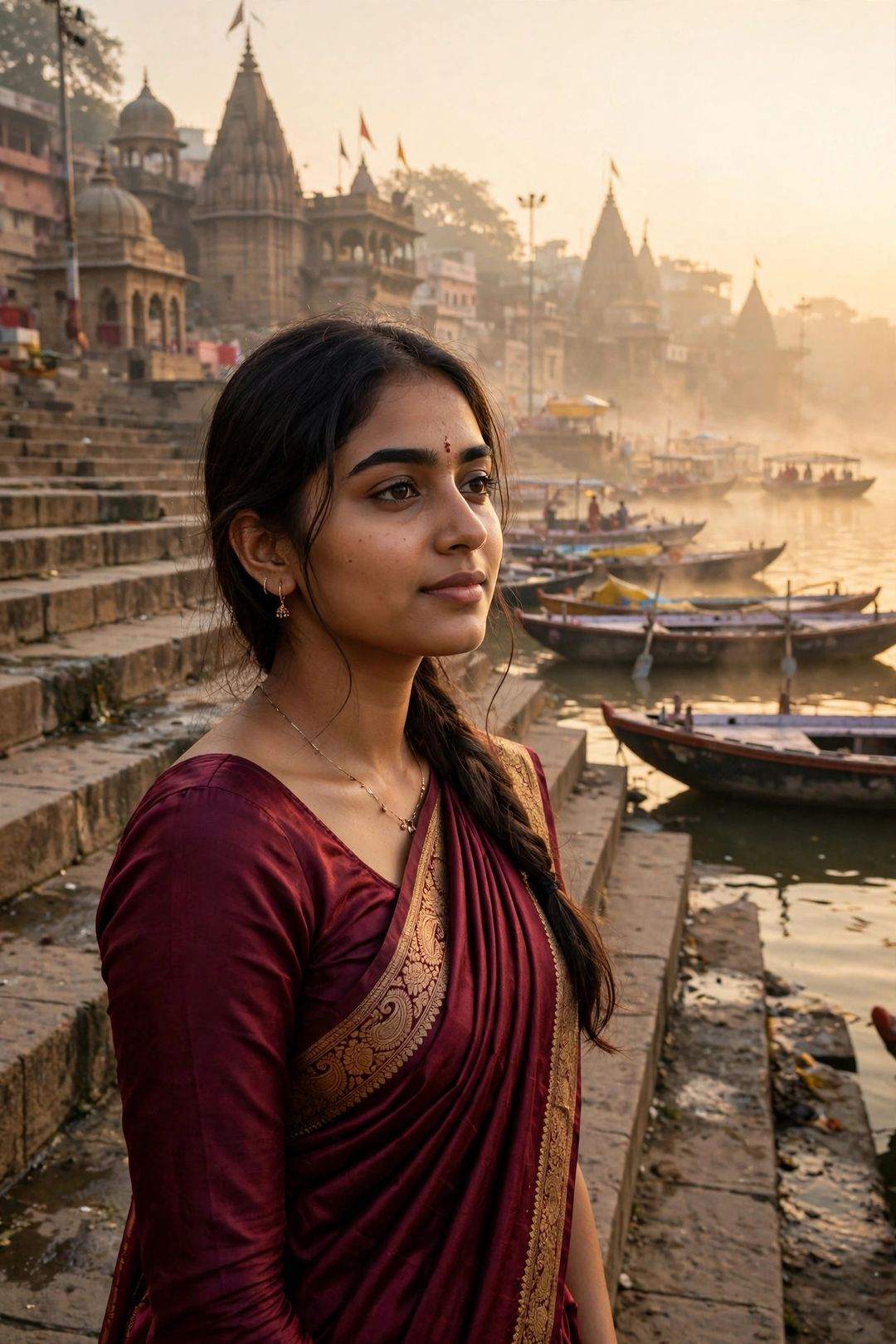 Girl Banaras ghat sunrise look Gemini photo editing prompt