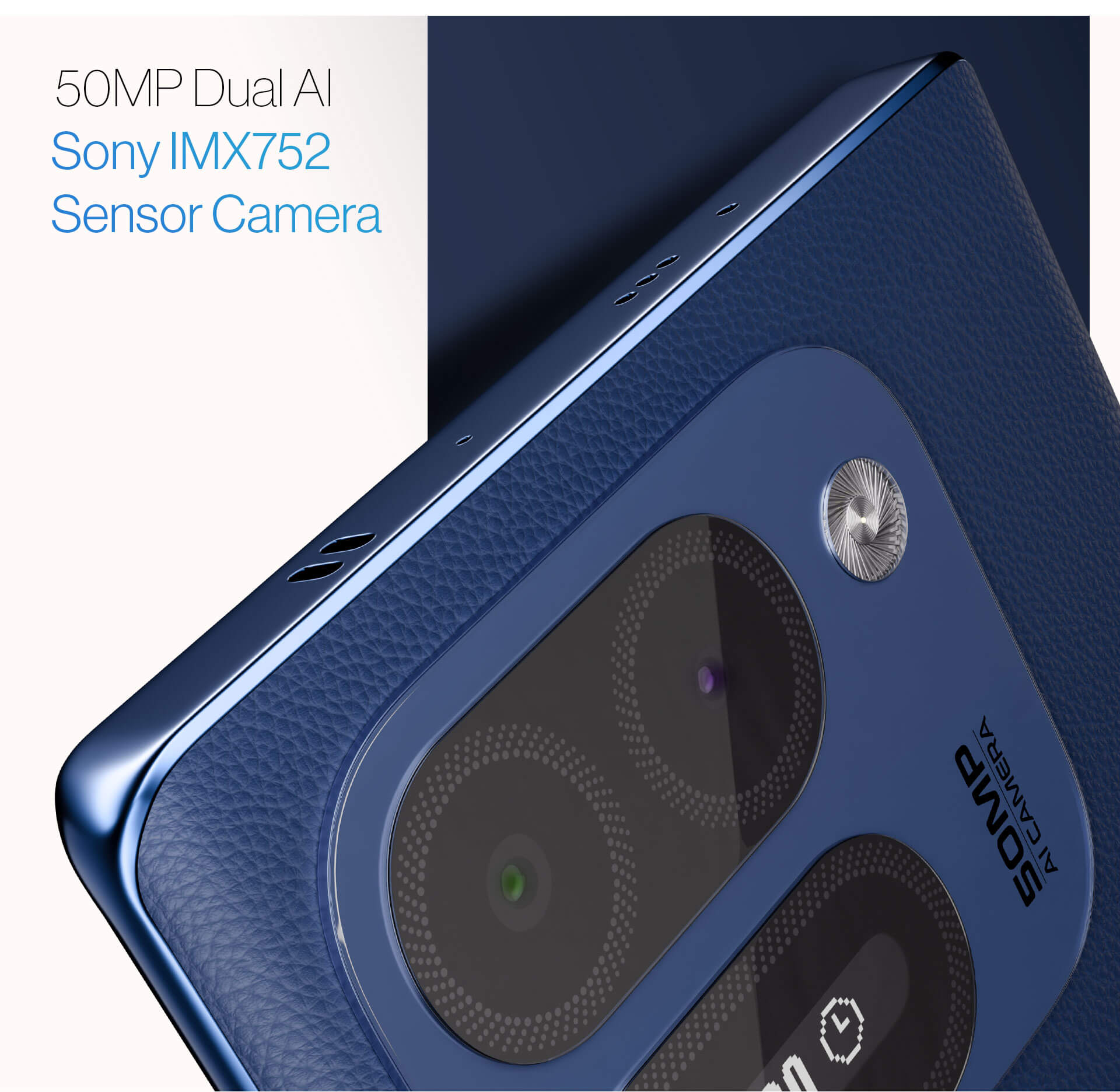 Lava Aura Curve 5G close-up rear camera view in Ambar Blue