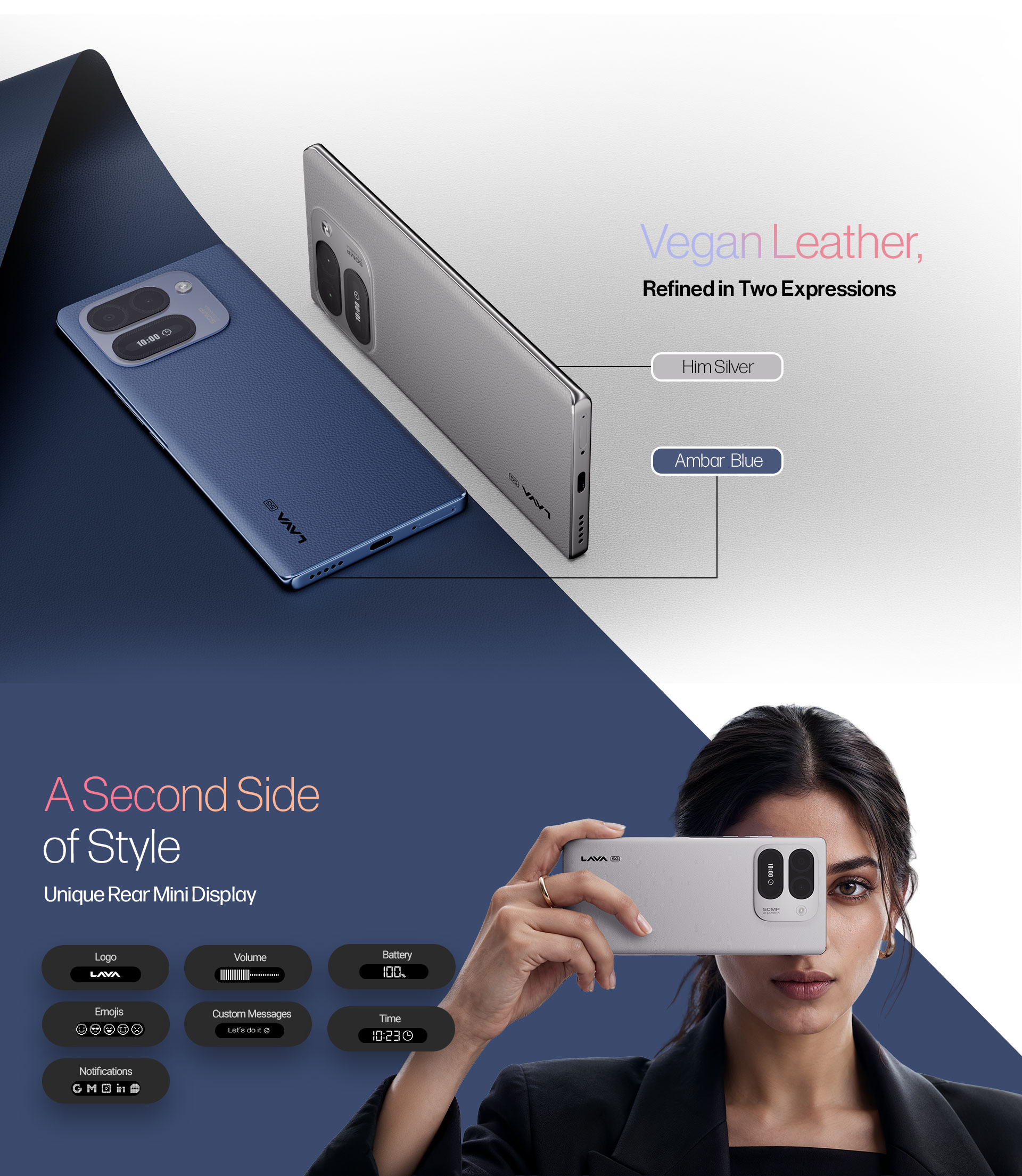 Lava Aura Curve 5G rear view in Him Silver and Ambar Blue colours