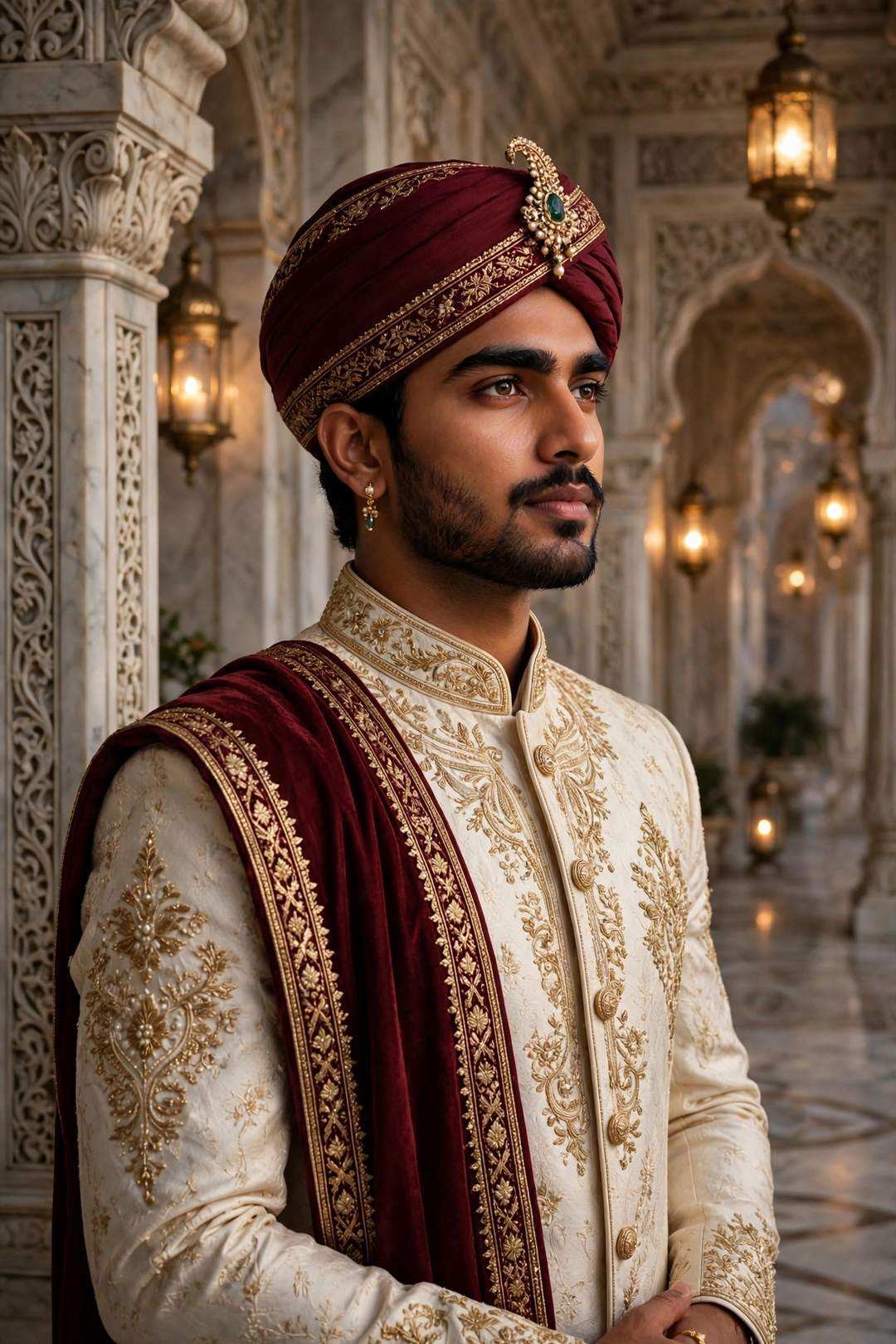 Boy ivory sherwani royal wedding look ChatGPT edit