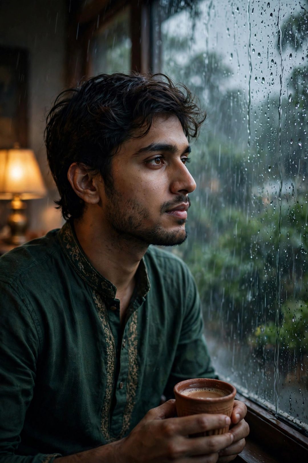 Boy monsoon chai window portrait photo editing prompt