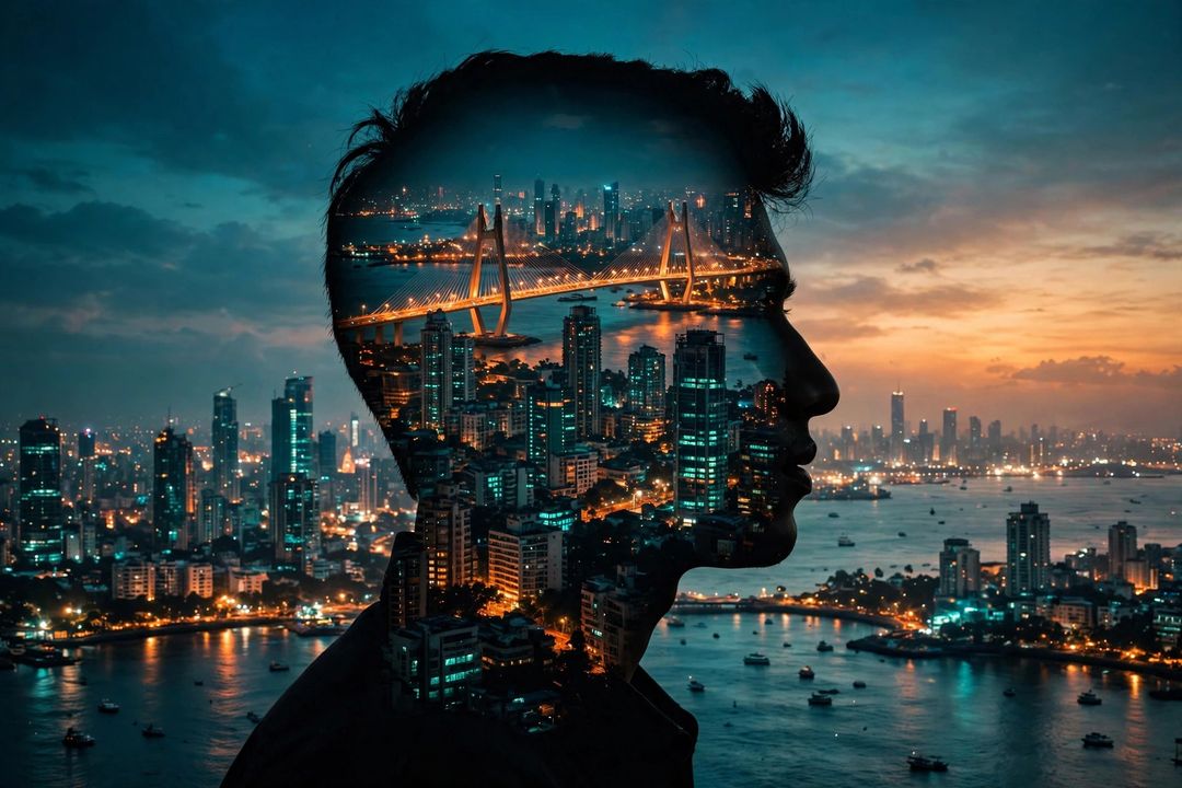 Boy double exposure Mumbai city skyline portrait ChatGPT edit