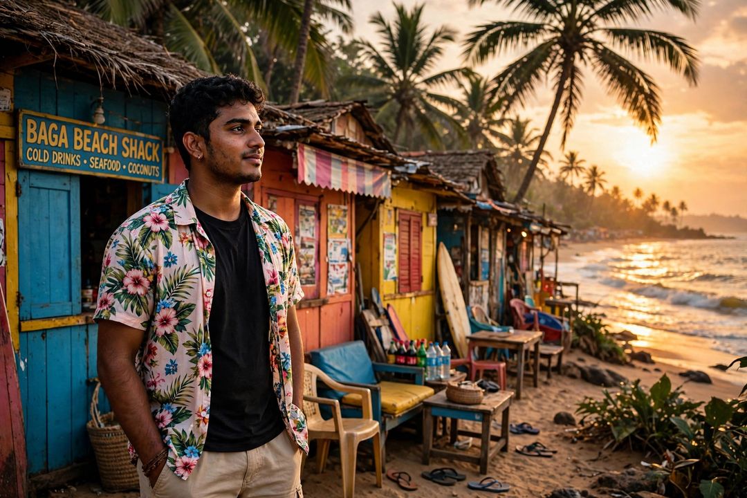 Boy Goa beach shack sunset look photo editing prompt