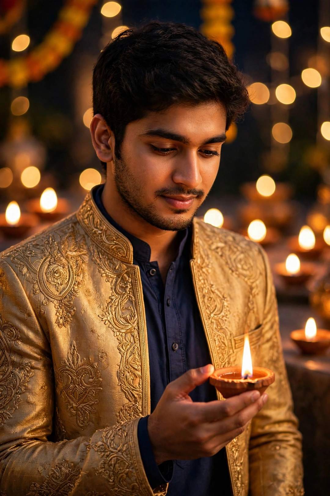 Boy Diwali diya bokeh kurta look ChatGPT photo edit