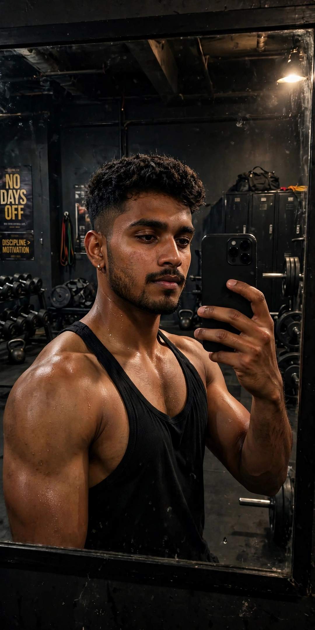 Boy gym mirror selfie aesthetic photo editing prompt