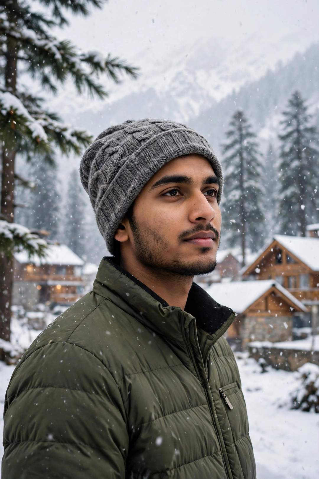 Boy Manali snowfall winter look ChatGPT photo edit
