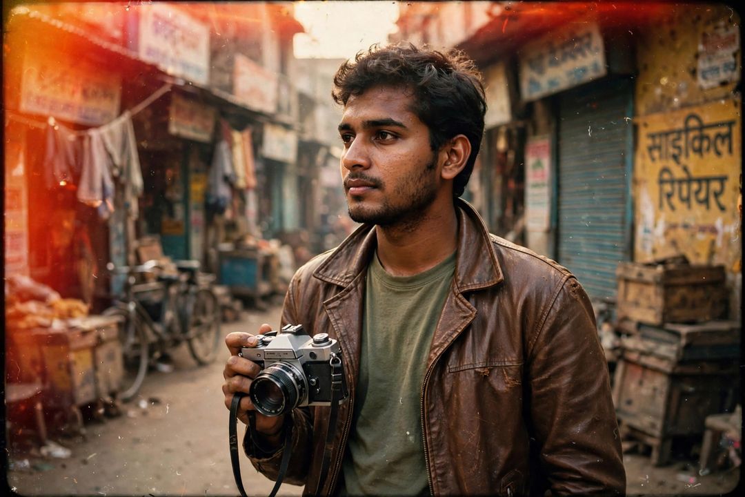 Boy vintage 35mm film camera look photo editing prompt