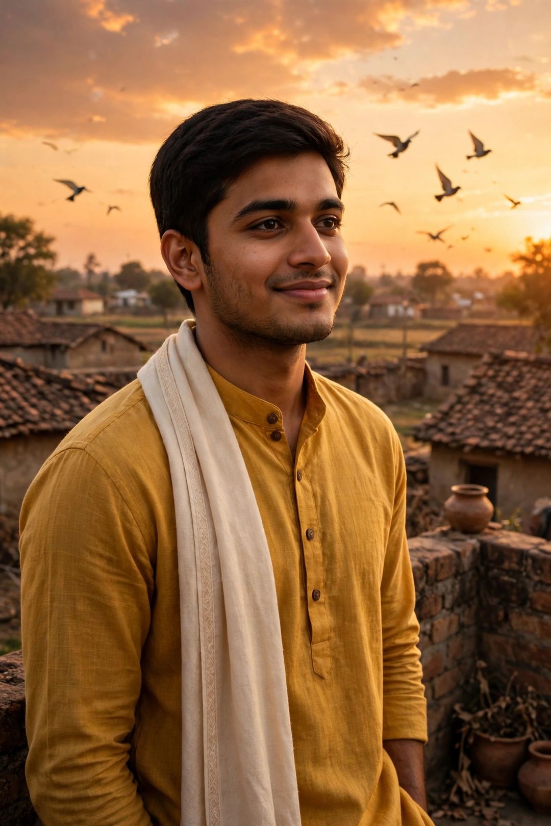 Boy mustard kurta rooftop sunset portrait ChatGPT edit
