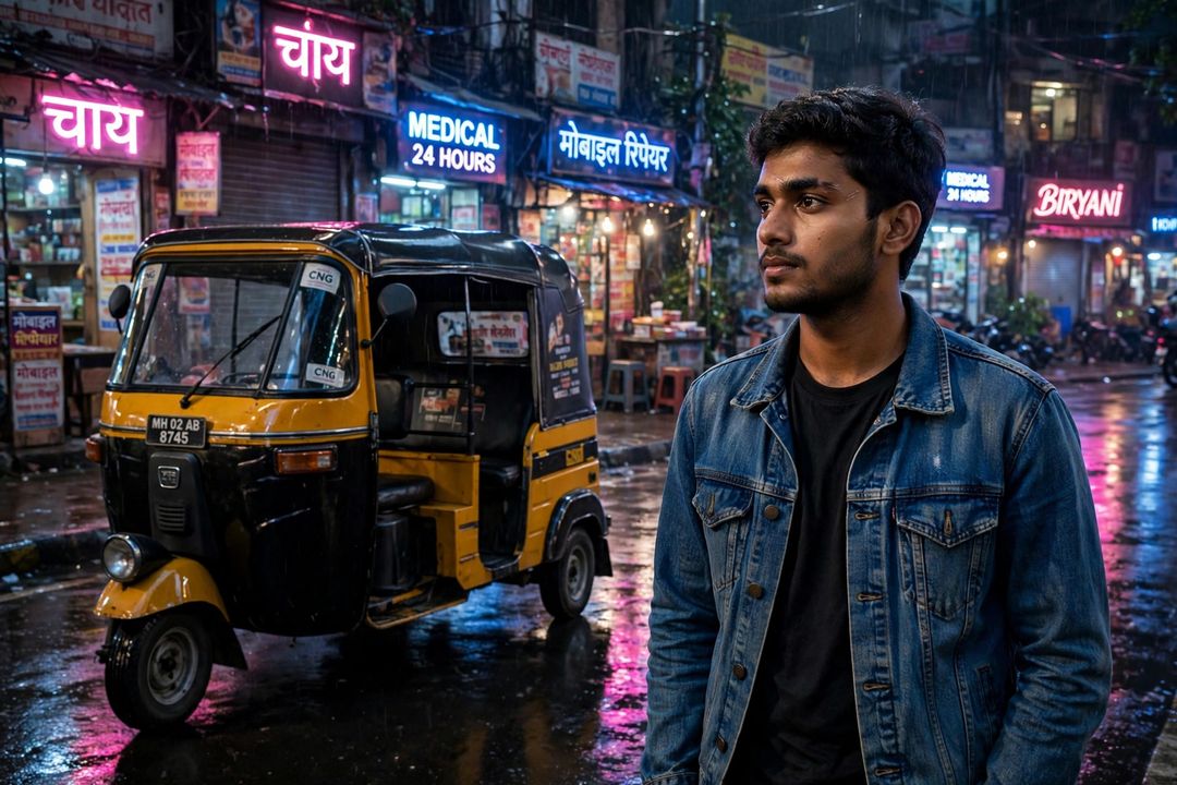 Boy auto rickshaw neon night street ChatGPT photo edit