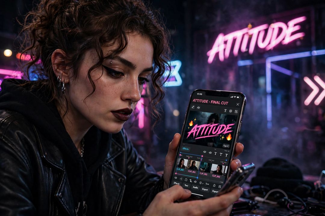 Making an attitude video in CapCut on a phone with dark neon background