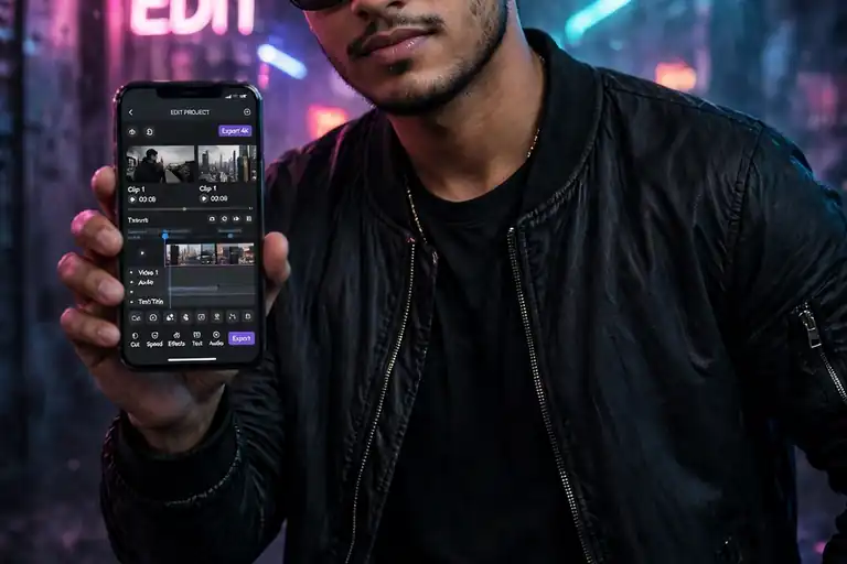 Attitude CapCut template – stylish man in black with sunglasses editing an attitude video on phone