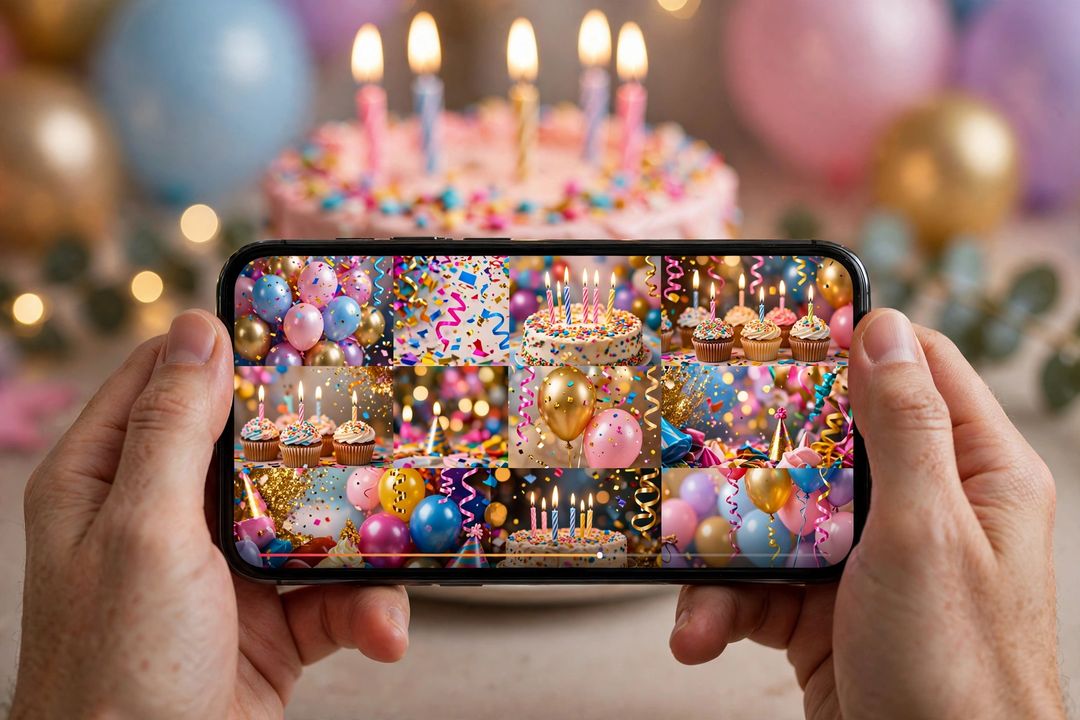 Making a birthday video in CapCut on a phone with cake and balloons