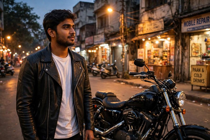 Boy biker leather jacket look ChatGPT photo edit