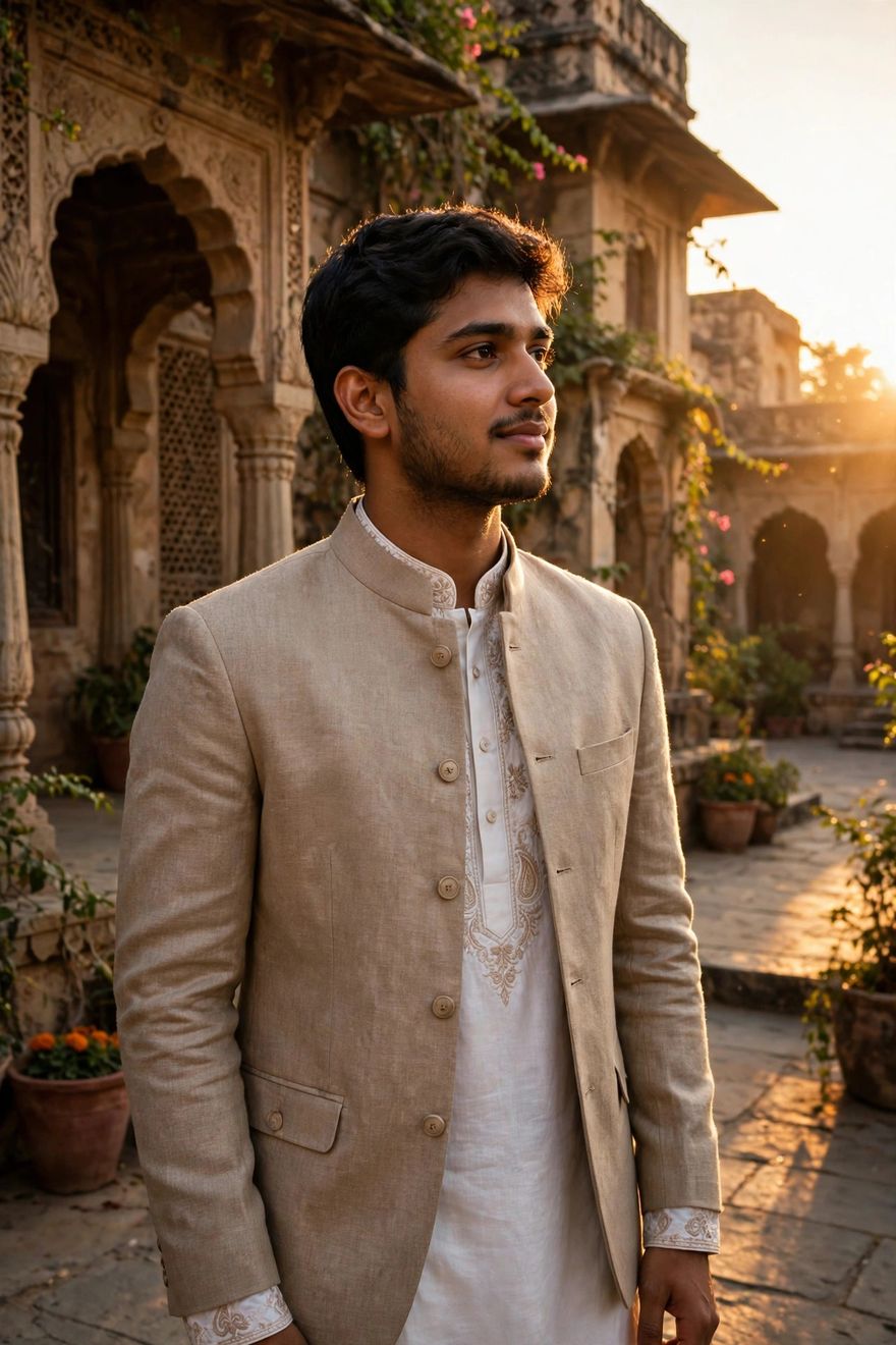 Boy white kurta golden hour portrait ChatGPT edit