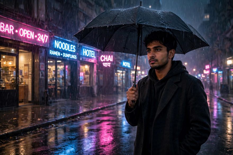 Boy rainy neon street cinematic ChatGPT photo edit