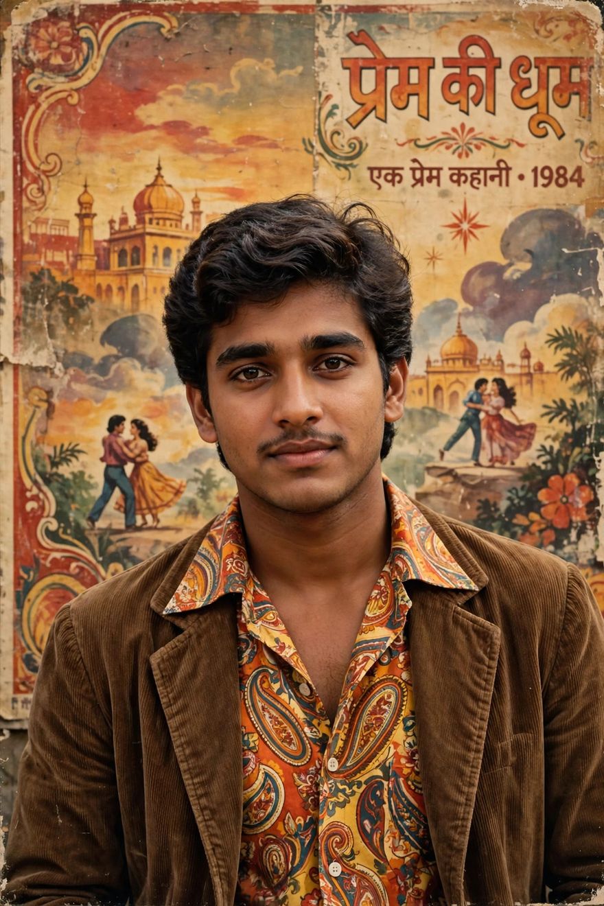 Boy retro 1980s Bollywood style photo editing prompt