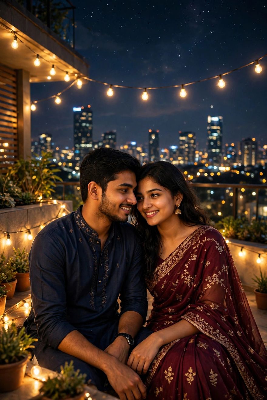 Couple starry rooftop night photo edit prompt