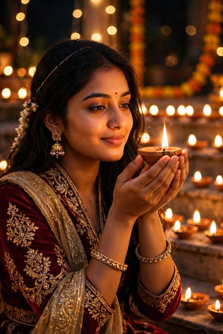 Girl holding diya Diwali ChatGPT photo editing prompt