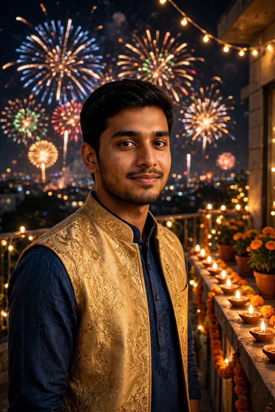 Boy Diwali fireworks terrace photo edit prompt