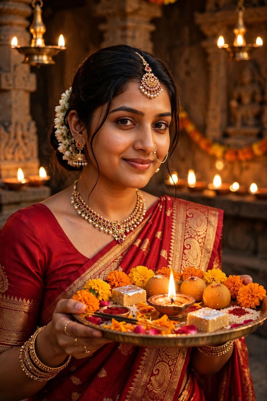 Woman Lakshmi puja thali Diwali photo editing prompt