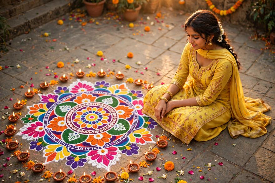 Girl rangoli floor Diwali portrait ChatGPT edit