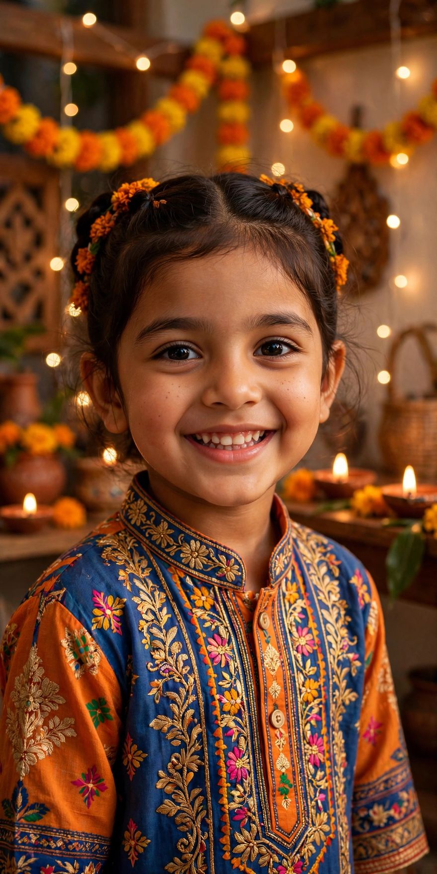 Kid Diwali fairy lights traditional photo editing prompt