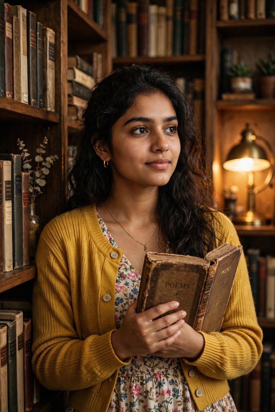 Girl vintage bookstore look photo editing prompt