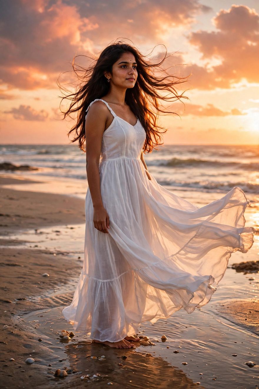 Girl beach sunset dress portrait ChatGPT photo edit