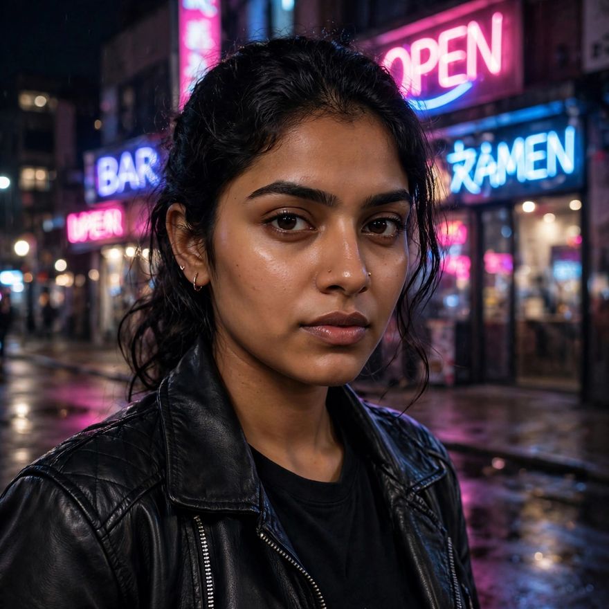 Girl neon night city look photo editing prompt