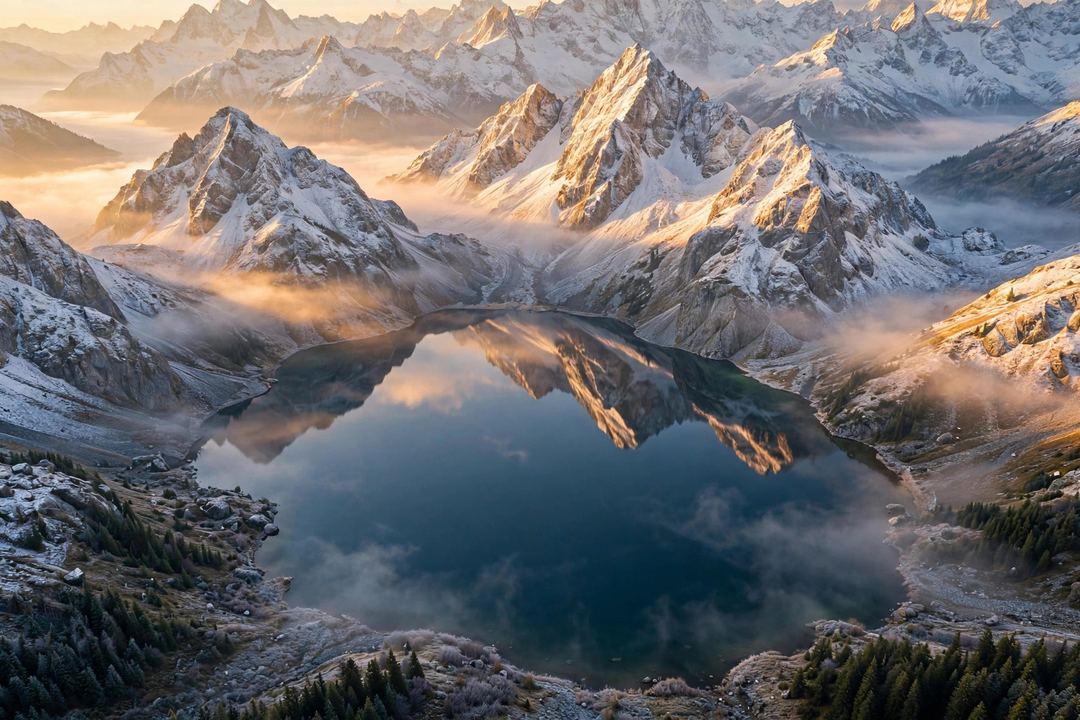 ChatGPT image prompt example cinematic mountain lake golden hour