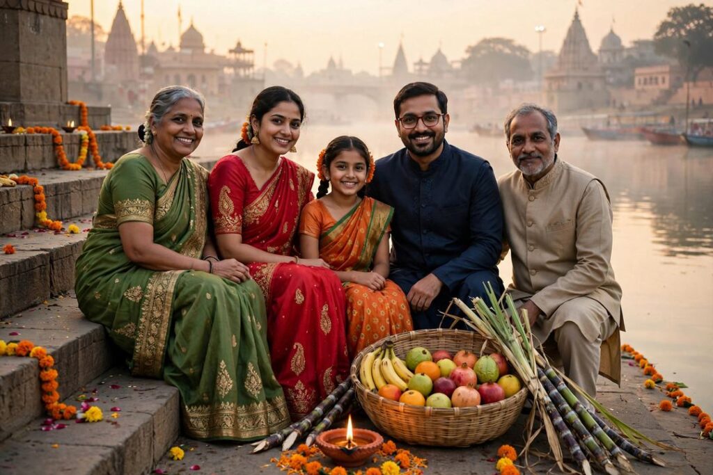 Chhath Puja Gemini prompt example result family ghat photo