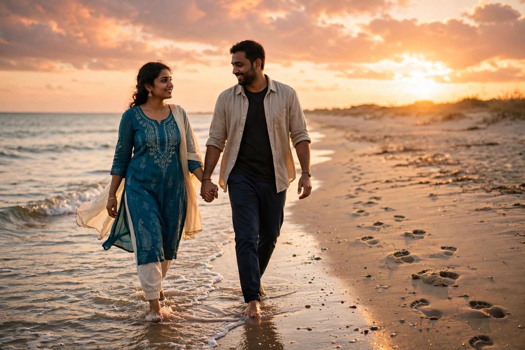 Couple walking on beach at sunset edited with ChatGPT couple photo editing prompt
