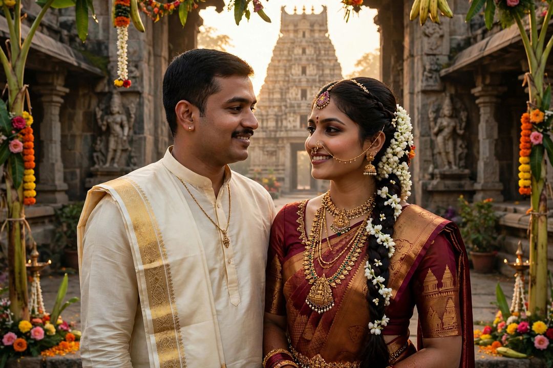 Couple South Indian temple wedding Kanjivaram ChatGPT photo editing prompt