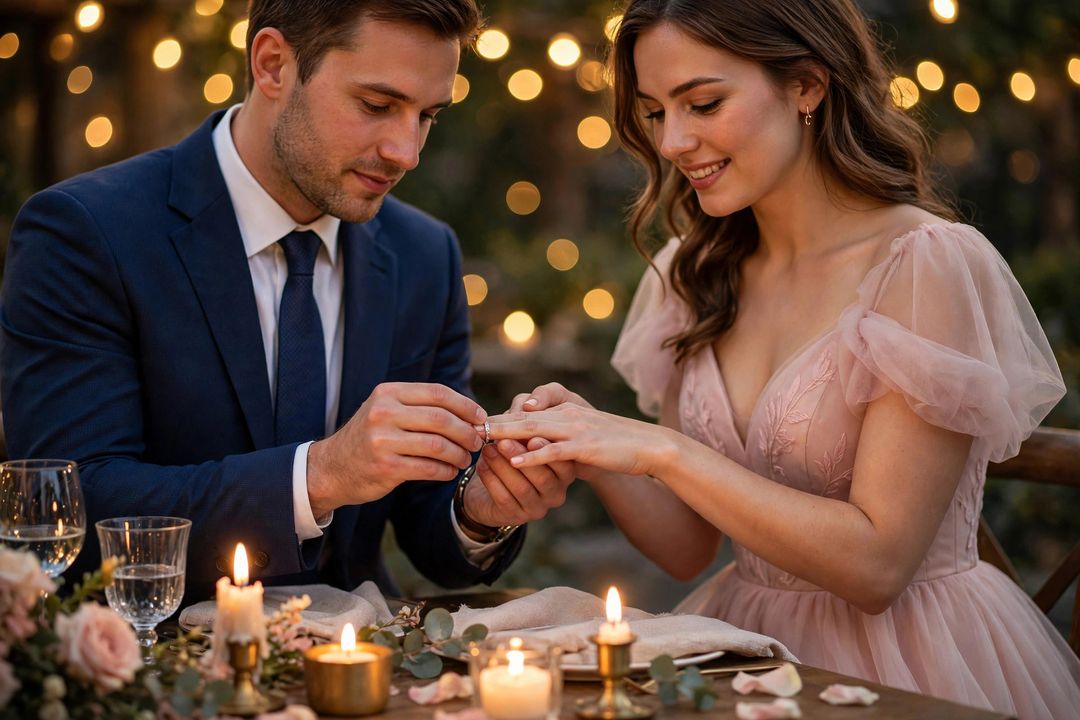 Couple engagement ring exchange candlelight ChatGPT photo edit