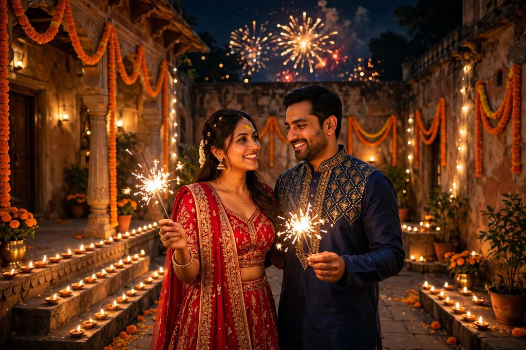 Couple Diwali diyas sparklers courtyard ChatGPT photo editing prompt