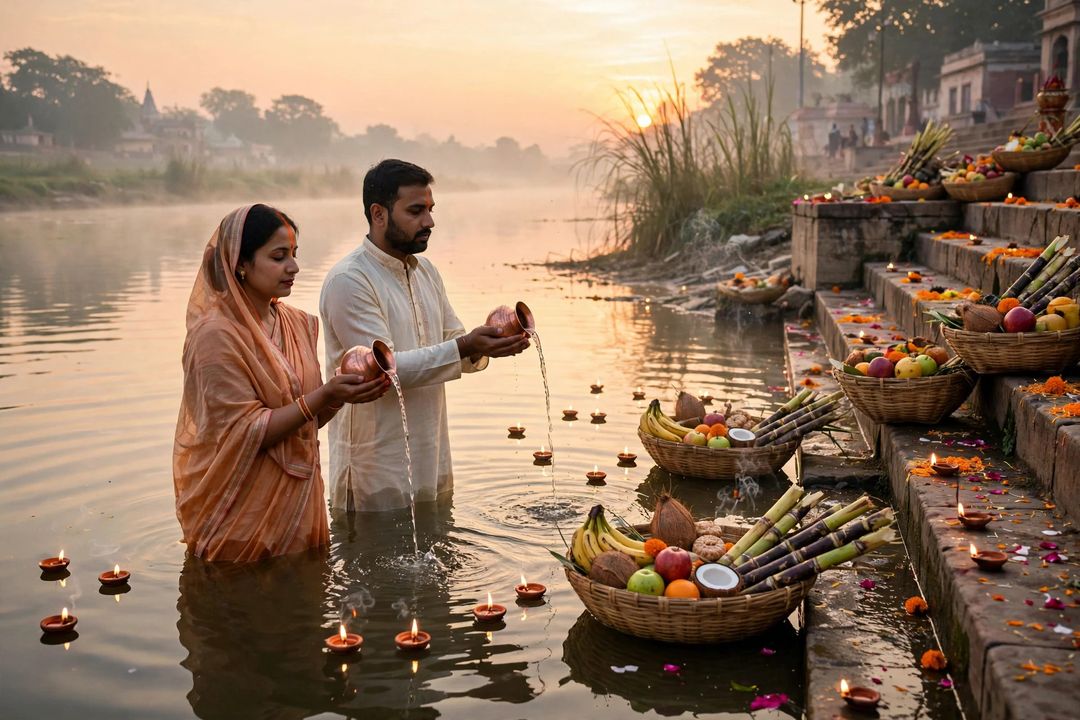 Couple Chhath Puja ghat sunrise arghya ChatGPT photo edit