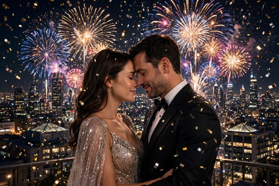Couple New Year midnight fireworks forehead kiss ChatGPT photo edit