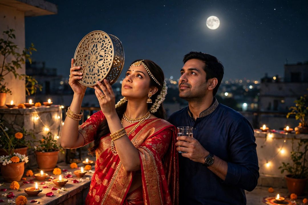 Couple Karwa Chauth moon sieve traditional ChatGPT photo editing prompt