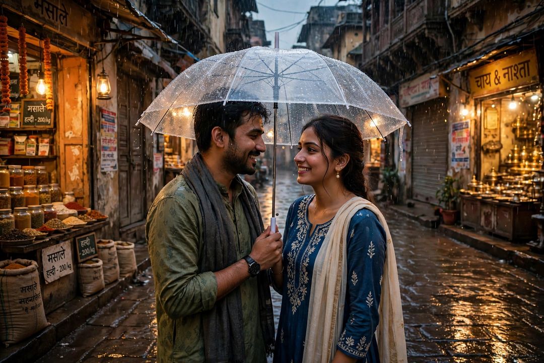 Couple sharing umbrella in rain ChatGPT couple photo edit