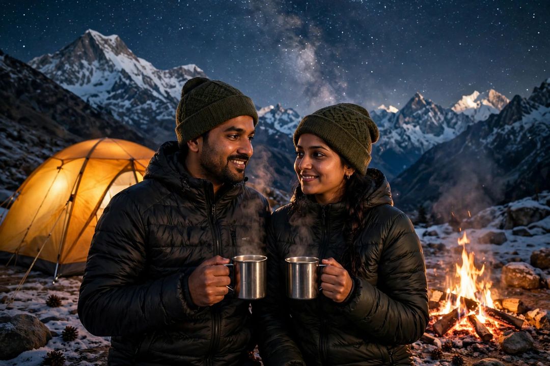 Couple at Himalayan night campsite ChatGPT photo edit