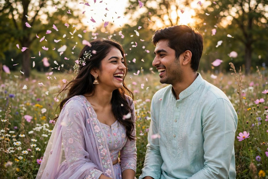 Couple pre-wedding meadow shoot golden hour ChatGPT edit