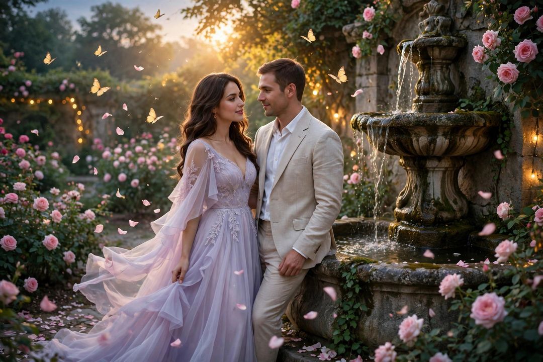 Couple fairytale rose garden twilight ChatGPT photo editing prompt
