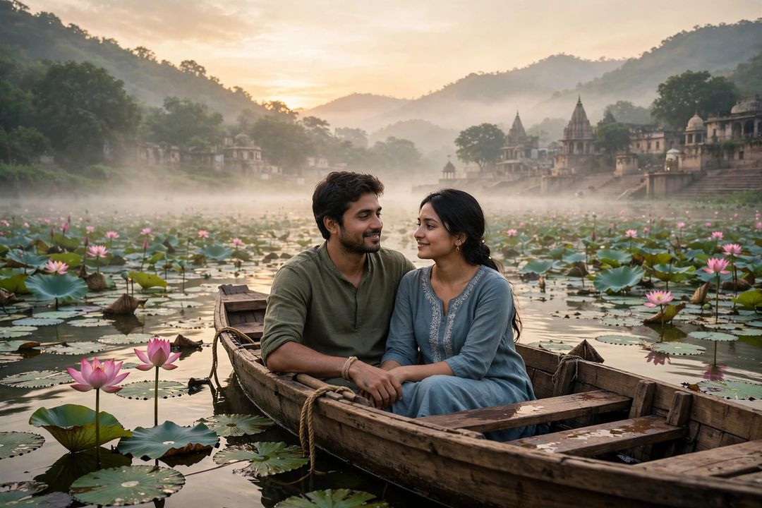 Couple in wooden boat on lotus lake at sunrise ChatGPT photo edit