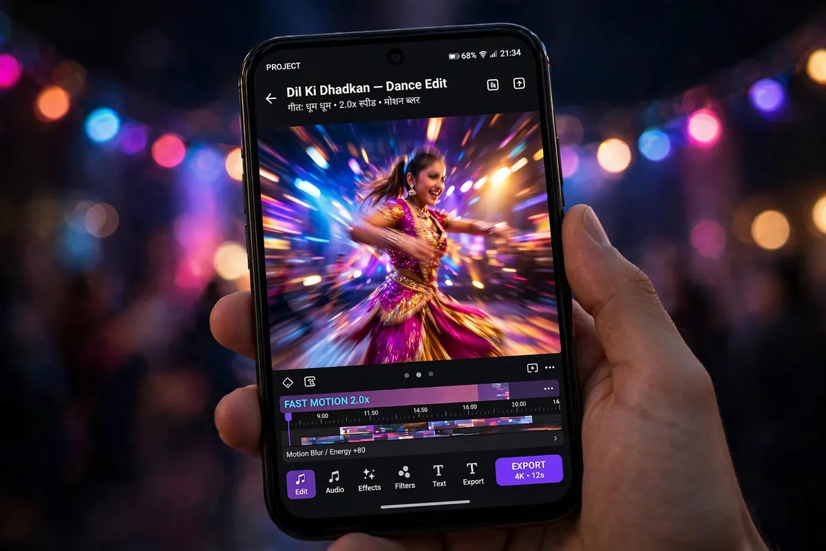 Velocity CapCut template – fast-motion dance video edit on phone with colourful stage lights