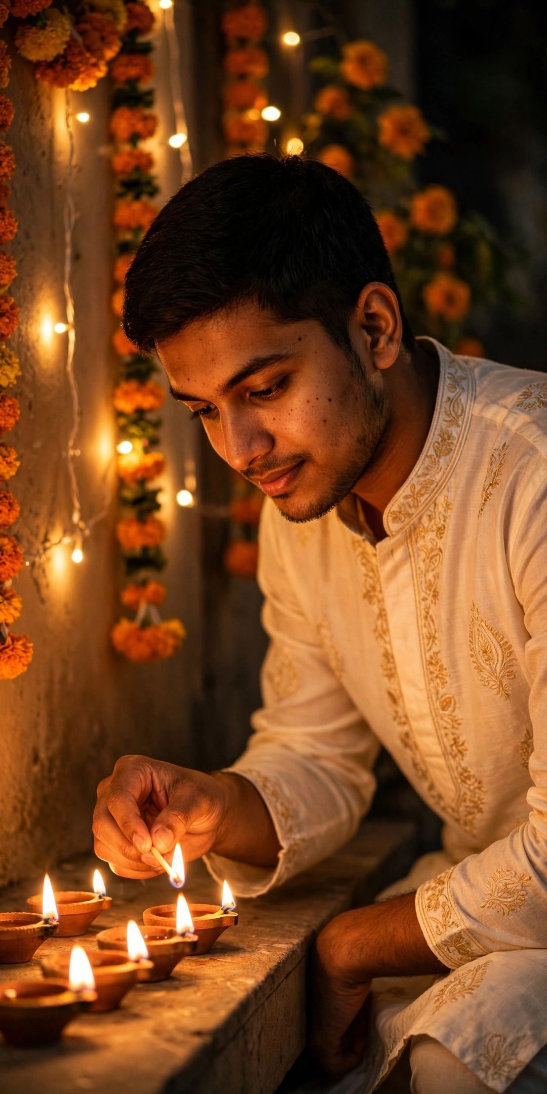 Result of Prompt 1 – cream kurta lighting diyas